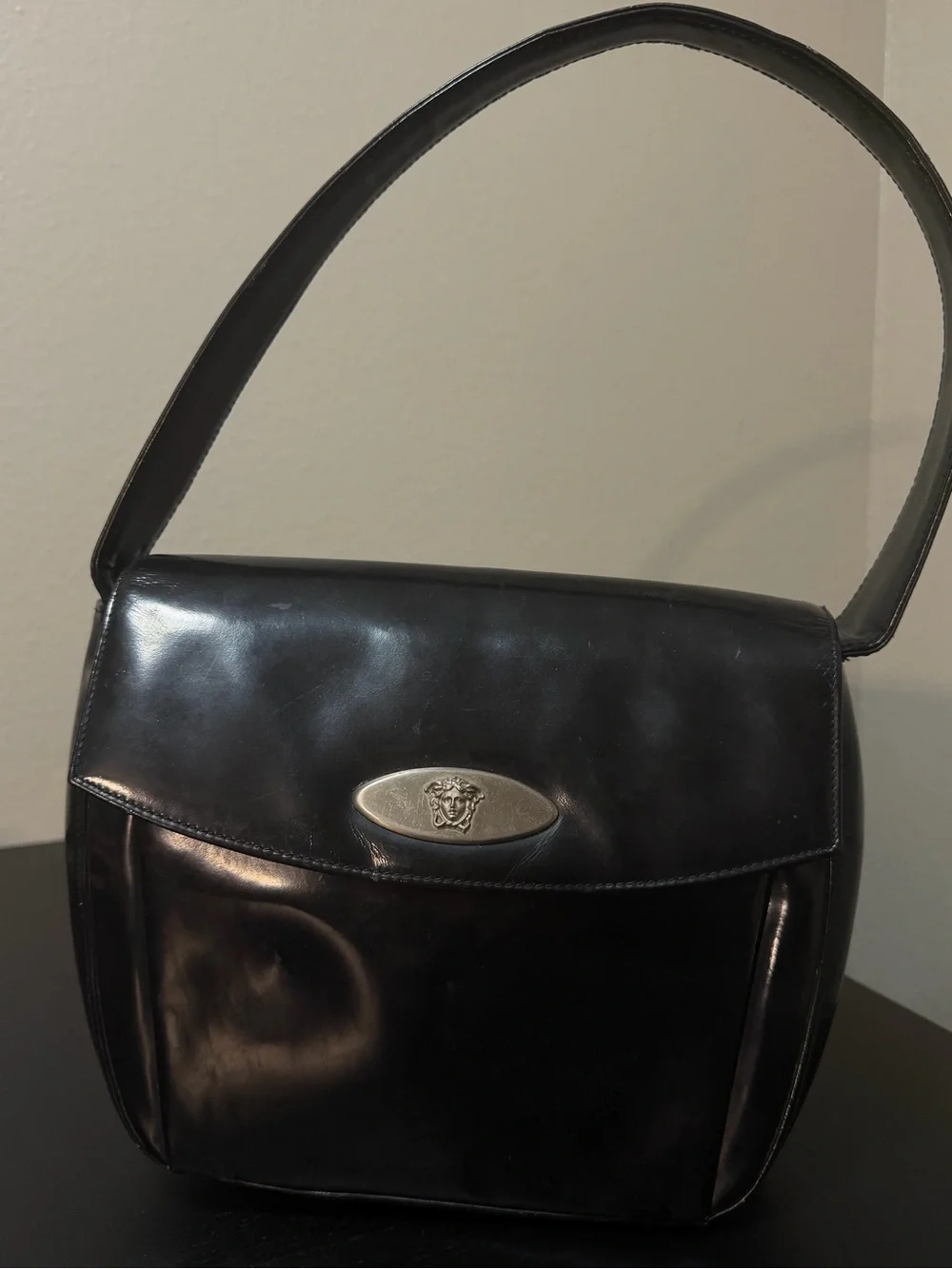 Versace Black Leather Briefcase with Medusa Silver Plaque